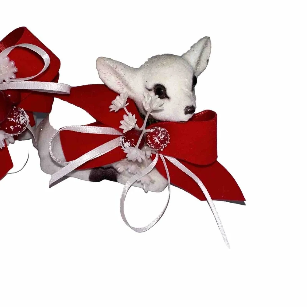 Vintage White Flocked Christmas Decorations Deer Set